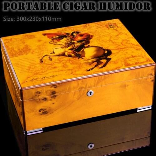 300x230x110mm Cigar Humidor Large-capacity 50 Cedar Wood Cigar Moisturizing Case Classical Painting Birds Yellow Cigar Box Gift