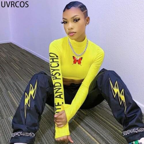 UVRCOS 2021 Autumn Fashion Shirts Art Animal Butterfly Pattern Letter Print Short Sweater Tank Tops Turtleneck Long Sleeve Tees