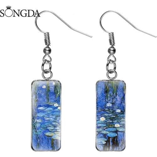 Vintage Monet Water Lily Oil Painting Rectangle Trendy Dangle Earrings Art Photo Glass Cabochon Pendant Charm Earring For Women