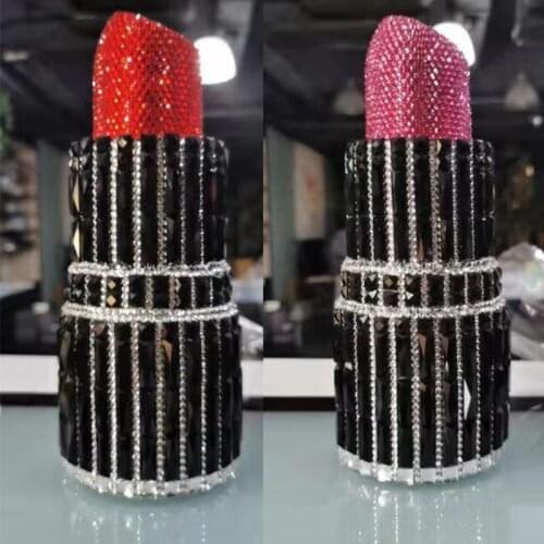 High Quality Black Rhinstone Lipstick Shape Women Evening Clutch Purse Fashion Red Crystal Diamond Lady Chain Purses Handbags