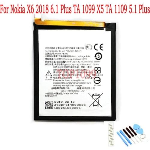 High Quality 3000mAh HE342 Battery For Nokia X6 2018 6.1 Plus TA 1099 X5 TA 1109 5.1 Plus Mobile phone