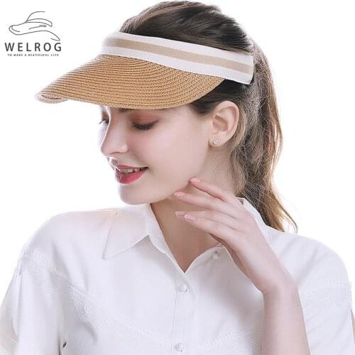 WELROG Woven Straw Hat Topless Baseball Cap UV Protection Sun Hat Spring Summer Duck Tongue Empty Top Hat Beach Women Sun Hat