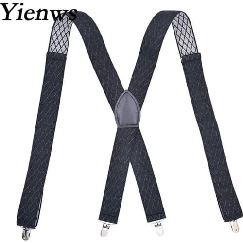 Yienws Jacquard Suspenders for Men Black Elastic Pants Trousers Brace Strap 4 Clip Suspensorio Mens Jartiyer Szelki YiA054