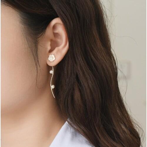 ASHIQI Natural freshwater pearl earrings 925 sterling silver flower earrings long simple fashion for girls