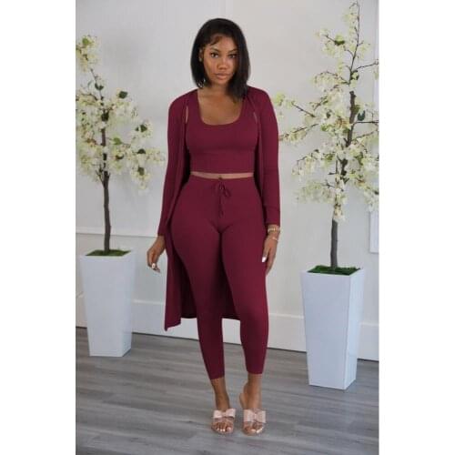 Autumn Winter New Solid Color Ribbed Knit Lace Up Woman Three Piece Set Tank Crop Top+Drawstring Slim Pants+Long Sleeve Cardigan