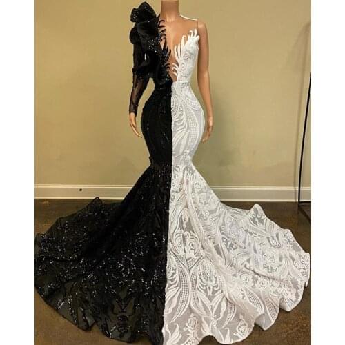 Black Prom Dresses Mermaid Tulle Appliques Sequins South African Sexy Women Long Prom Gown Evening Dresses Robe De Soiree