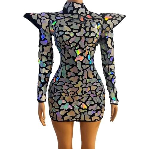 New Singer Costume Mirror Dresses For Women Multicolor Long Sleeve Prom Birthday Party Outfits Nightclub Sexy Stage Wear VDB3078