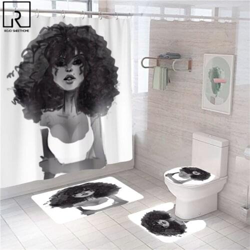 American Black Girl Shower Curtain with Hooks, Cute Sexy Women Bathroom Curtains Toilet Partition WC Waterproof Bathtub Screen