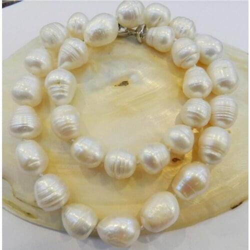 BIG RICE SHAPE 12-13 MM WHITE NATURAL PEARL NECKLACE 18" AA