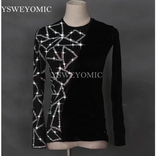 Black Latin Dance Shirts Men Flamenco Long Sleeve Round Neck Rhinestones Salsa Latin Dance Tops Ballroom Shirt Performance Wear