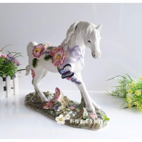 Colored glaze handicraft room residence porcelain plum flowers animal white ceramic horse crafts statue home decoration