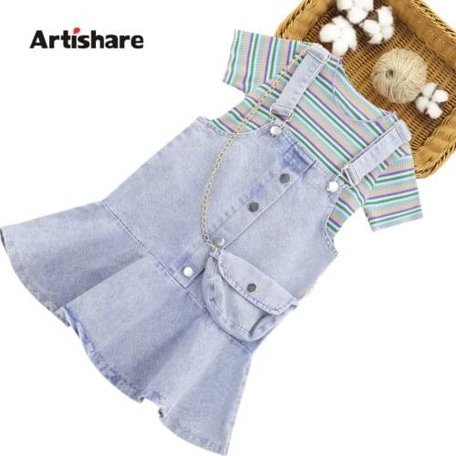 Kids Clothes Girls Rainbow Tshirt + Denim Jumpsuit Girl Clothes Casual Style Girls Clothes Summer Childrens Clothing