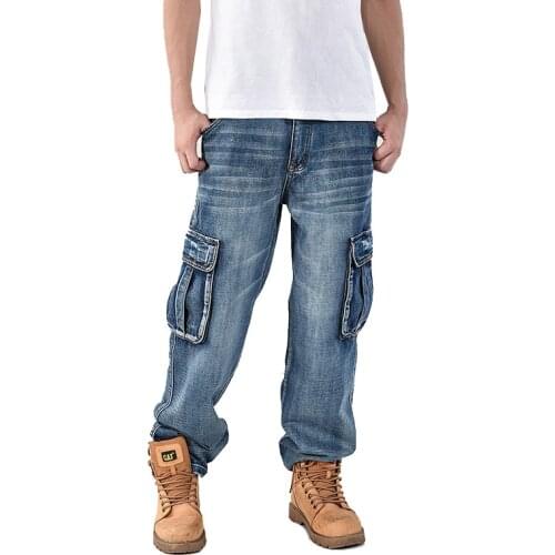 New Japan Style Brand Mens Straight Denim Cargo Pants Biker Jeans Men Baggy Loose Blue Jeans With Side Pockets Plus Size 40 46