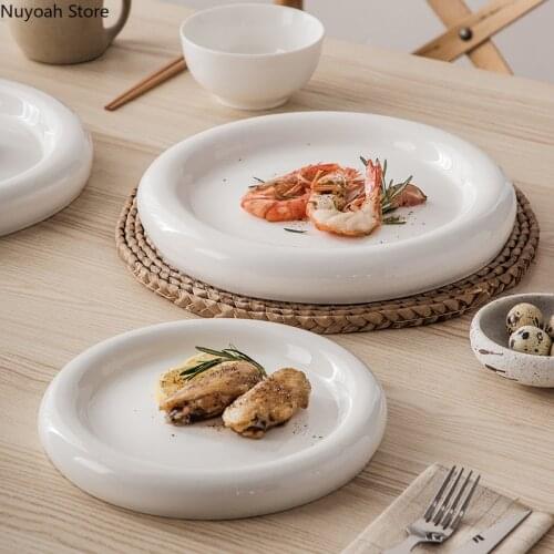 European Creative Round White Ceramic Plate Simple Household Dessert Plate Restaurant Tableware Steak Plate Kitchen Supplies