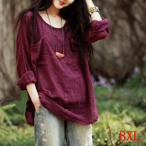 Large size womens T-shirt cotton plus size 4XL 5XL 6XL 7XL 8XL summer round neck long sleeve loose pocket red T-shirt top