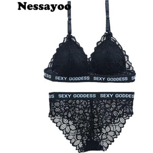 Lace Bras & Sexy Brief Set 32 34B 36B Anti-skid Shoulder Strap With Elastic None Hook Underwear Sets Women Push Up Thin Lace Cup