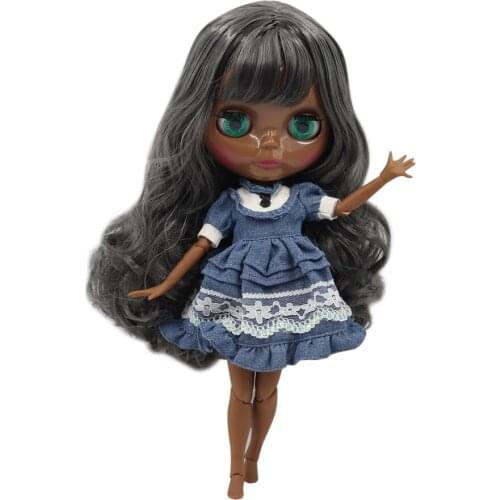 ICY DBS Blyth doll 1/6 bjd with super black skin and long grey curly hair glassy face, nude joint body girl gift