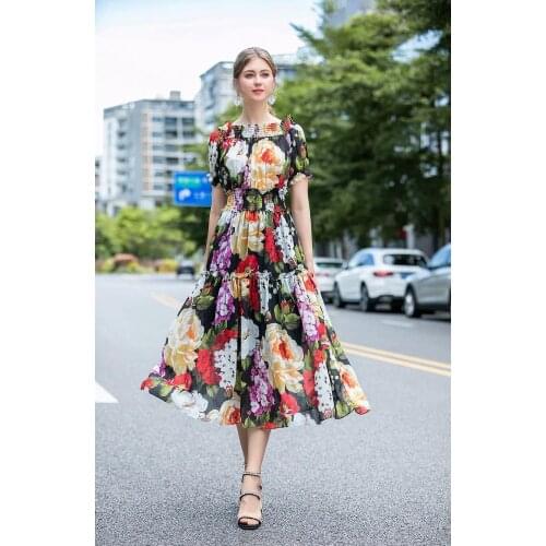 Summer New Slash Neck Big Flower Printed Dress Womens Dress 200713UL02