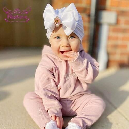 Nishine Fashion Rhinestone Bowknot Infant Indian Hat Soft Skin-friendly Cotton Baby Girl Caps Solid Color Handmade Bows Headwear