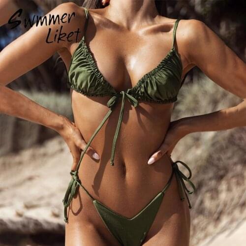 Pleated bikini 2020 High cut swimwear female Triangle two piece suit Knot swimsuit women Brazilian bathing suit Micro beach wear