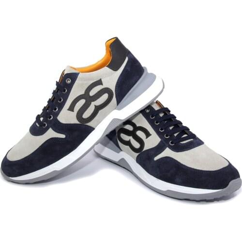 Handmade Summer Fashion Sport Sneakers with Shenbins Logo, Dark Blue Light Gray Genuine Calf Suede Leather, Lightweight EVA Sole
