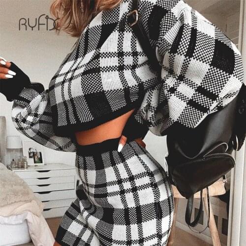Ryfix Plaid Knitted Two-piece Suit Sexy Autumn Short Dress Women Elegant Winter Sweater Dress Sexy Female Fashion Party Y2003