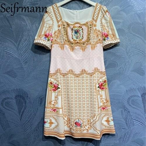 Seifrmann New 2021 Summer Women Fashion Designer Party Midi Dress Short Sleeve Gorgeous Crystal Beading Vintage Printed Dresses