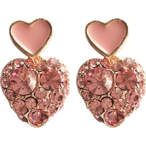 Fairy Small Pink Heart-Shaped Clip on Earrings No Hole Rose Gold Color Full Rhinestone Heart Clip on Earrings No Piercing Women