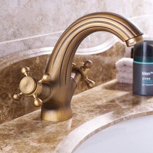 Basin Faucets Solid Brass Bathroom Water Taps Deck Mounted Faucet Antique Hot Cold Mixer Taps