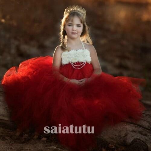 Girls red Flowers Wedding Tutu Dress princess party Children 20121 Handmade Tulle Costume Kids Formal Ball Gown Birthday Cloth