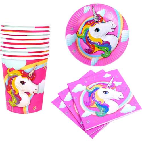 Unicorn Theme Plates Kids Girls Favors Cups Napkins Baby Shower Decorate towel Happy Birthday Party Dishes 120pcs/lot