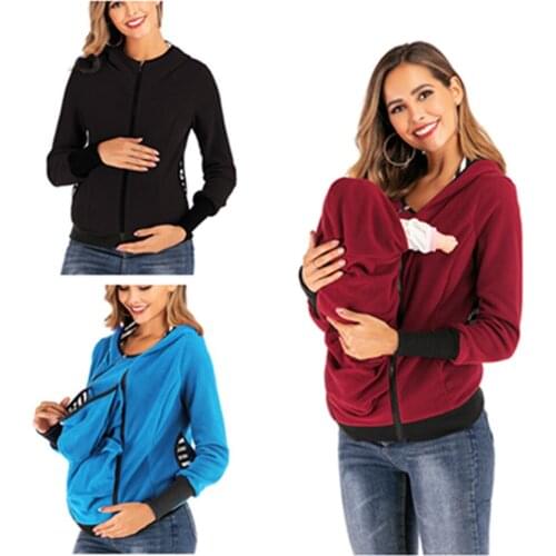 2021 Fashion Women Maternity Striped Baby Pouch Carrier Hoodie Zipper Pregnancy Coat Hoody Outerwear Carry Baby Pregnant Clothes
