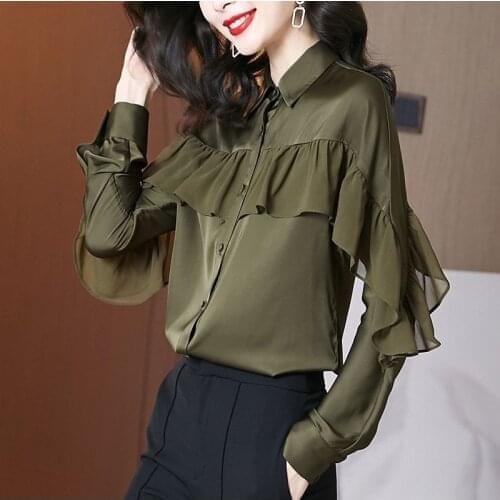 Ruffles Chiffon Women Shirts Summer New 2021 Turn-Down Collar Long-Sleeved Elegant Office Lady Outwear Tops