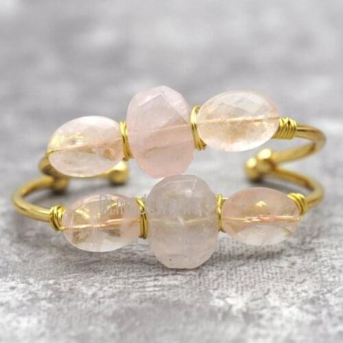 Boho Chic Open Gold Bangle Raw Stone Rough Wire Wrapped Rose Quartzs Bracelet Cuff BM29029