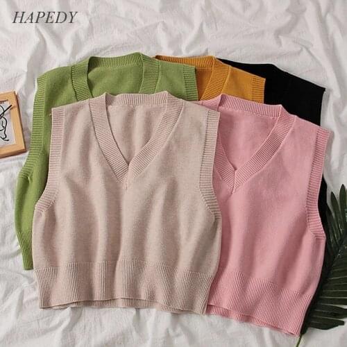 2021 Spring Autumn Vintage Sleeveless V-neck knitted Vest Sweater Women Elegaht Solid Pullovers Femme Casual Short Tank Top