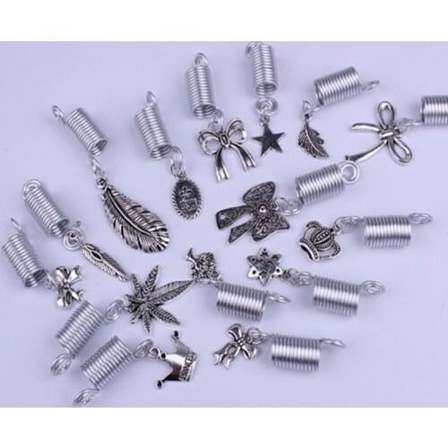 5Pcs Silver Plated Adjustable Hair Braid Dread Dreadlock Beads Clips Cuff Leaf Crown Feather Braiding Hair Beads Pendant