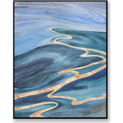 Abstract Fluid painting modern home decoration Hand drawn blue and gold line landscape wall art picture for living room Hotel