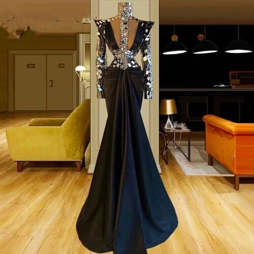 Dubai Black High Neck Crystal Evening Dresses 2021 Long Sleeve African Satin Mermaid Formal Evening Gowns