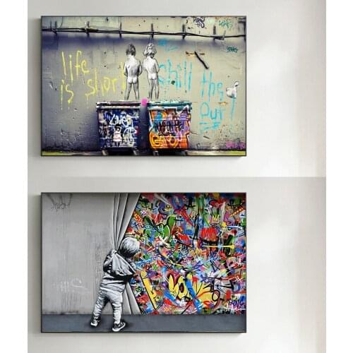 Boys Peeing Behind The Curtain Art Canvas Print Painting Life Is Short Graffiti Street Wall Picture Home Decoration Poster