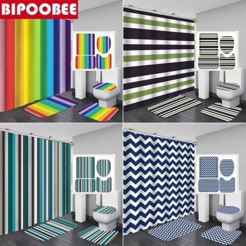 Multicolour Stripes Print Shower Curtain Bathroom Curtains Wavy Bath Mats Pedestal Rugs Toilet Lid Cover Non-slip Carpet