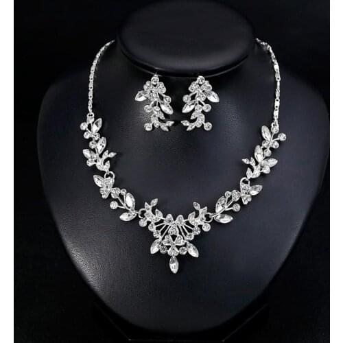 Women Wedding Party Rhinestone Shiny Floral Necklace Earrings Jewelry Set Gift