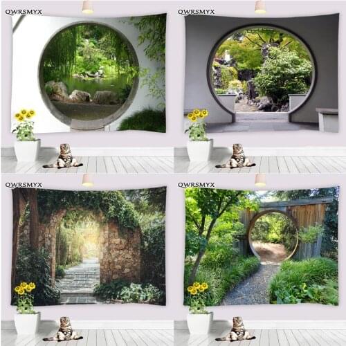 Chinese Garden Arch Scenery Tapestry Wall Hanging Balcony Home Living Room Bedroom Dorm Decor Background Wall Tapestries