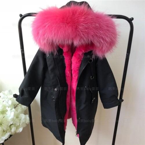 2019 New Boys Girls Real Fur Parkas Winter Xlong Kids Jacket Natural Raccoon Fur Hooded Coat Detachable Rex Rabbit Fur Liner