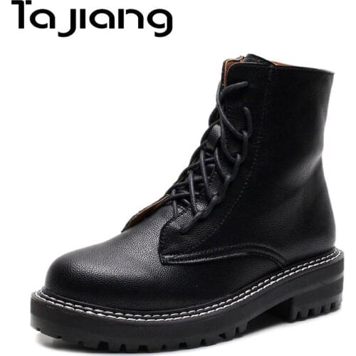 Ta Jiang New Women Ankle Boots For Women Shoes Classic Leather Lace-Up Autumn British Flock Platform Riding Boots Shoes Woman