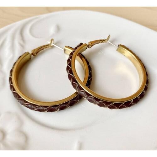 Copper Frame Genuine Leather Braid Hoop Earrings for Women Summer Fashion Color Large Circle Earrings Jewelry Accessories