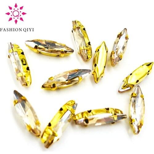 4x15mm champagne Horse eye shape 50pcs/pack Glass Crystal Gold bottom sew on claw rhinestones with holes diy Sewing On Garment