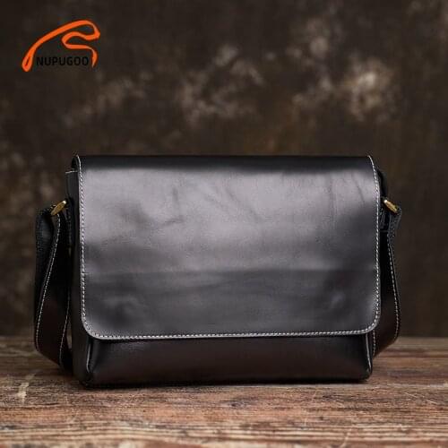 NUPUGOO Mens Shoulder Bag Genuine Leather Casual Messenger Classic Crossbody High Quality Flip Schoolbag For 9.7 Inch Ipad