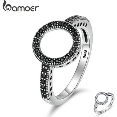 BAMOER 100% Genuine 925 Sterling Silver 2 Colors Forever Clear CZ Round Finger Rings for Women Authentic Silver Jewelry SCR112
