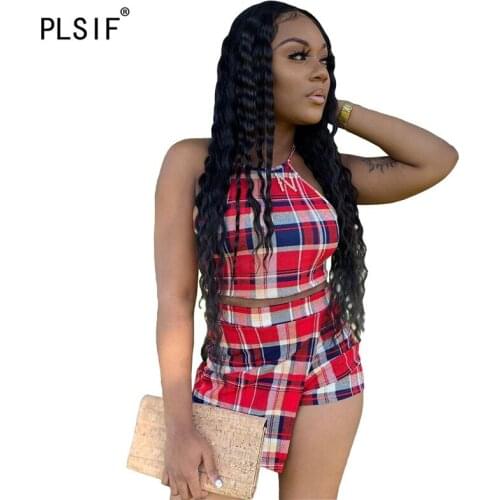 Classic plaid print summer women set 2 pieces tops and shorts set ladies casual beach two pieces tracksuits