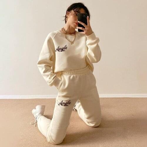 Two Piece Set O-neck Pullover Hooded Top High Waist Trousers Casual Streetwear Print Women Long Sleeve Autumn Letter